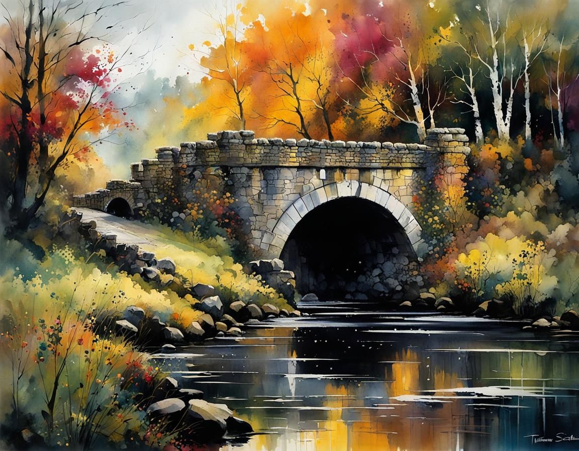 Vibrant Scottish Highlands Bridge in Intricate Graffiti Styl...