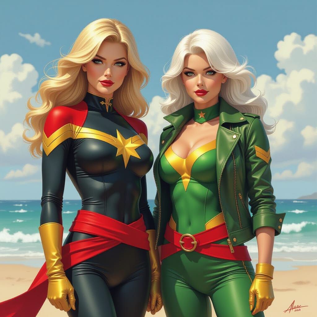 Ms. Marvel and Rogue at the Beach in Oil Painting Style