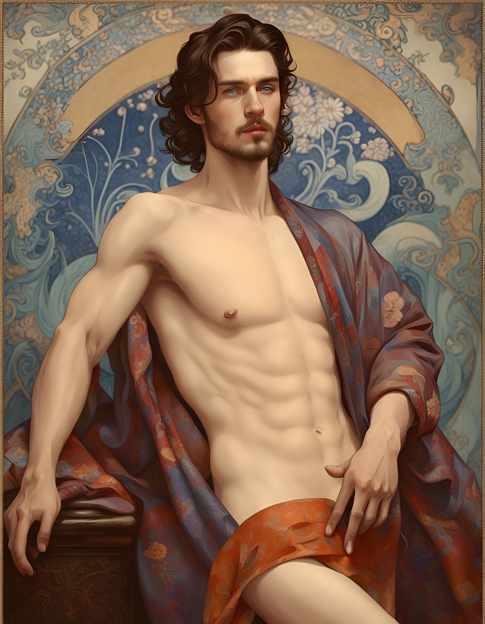 Handsome Man in Silk Robe, Alfons Mucha Style
