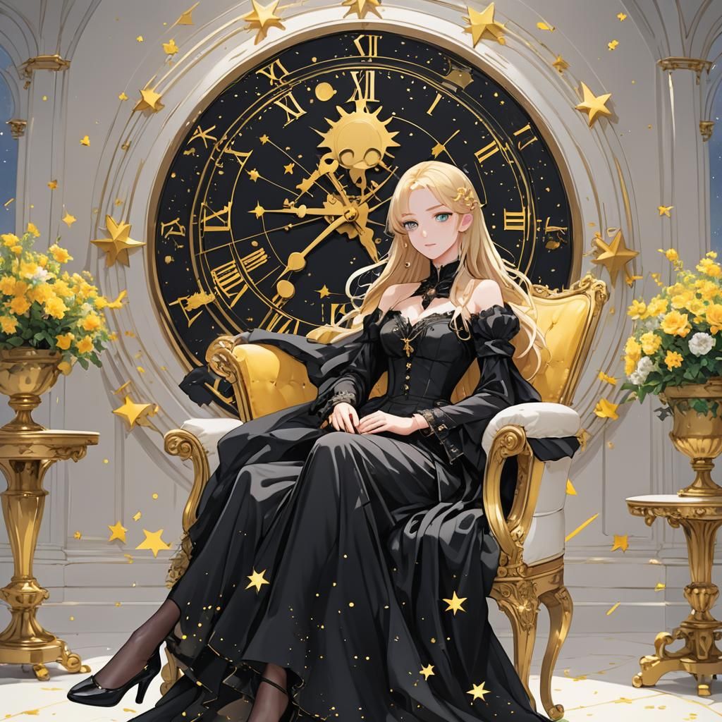 Anime Woman in Black Dress on Royal Chair
