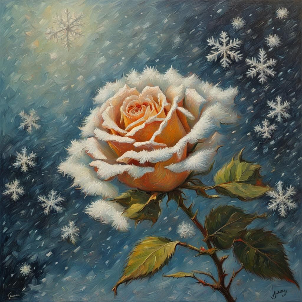Rose in Snowflakes as Van Gogh Painting