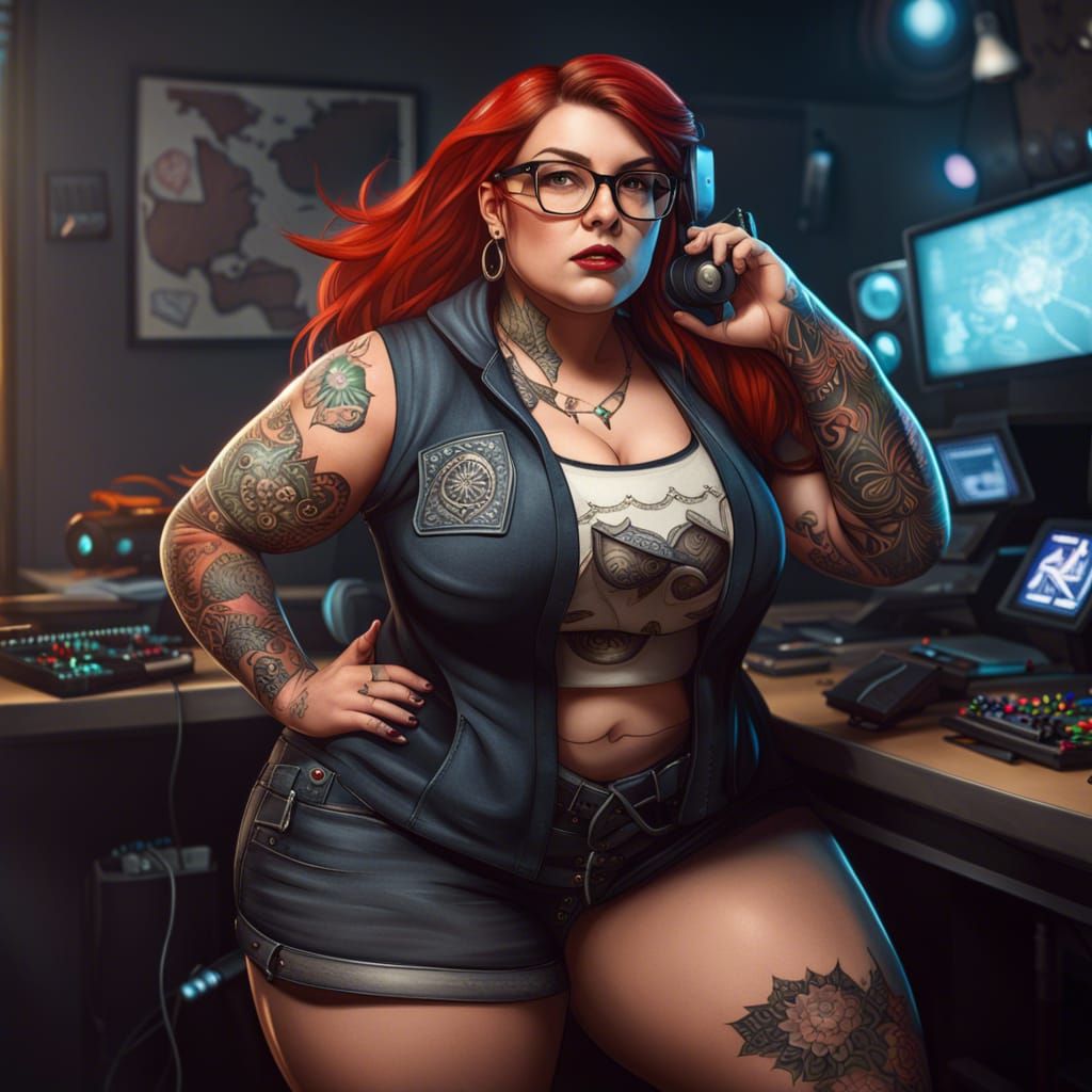 Hyperrealistic Plus-Size Gamer Girl with Tattoos