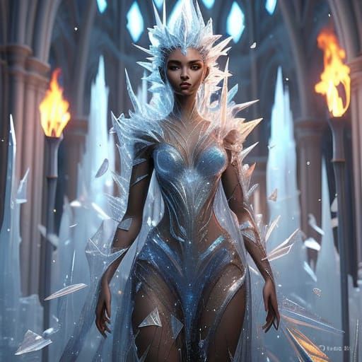 Goddess of Ice and Fire in Shattered Stained Glass Cathedral