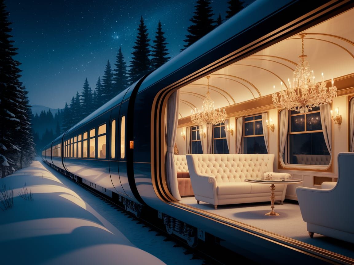 Luxury Train Through Snowy Forest at Night