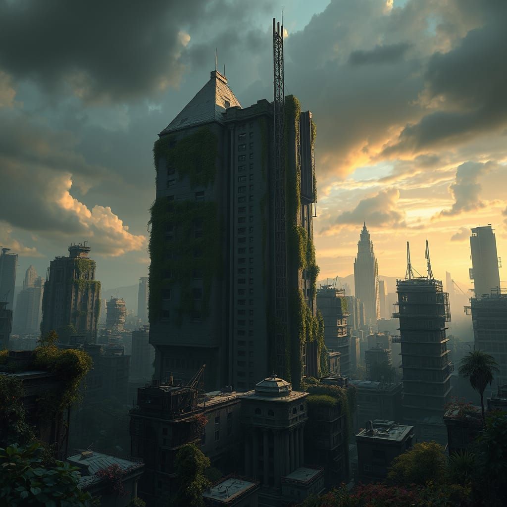 A post-apocalyptic wasteland, abandoned city, overgrown with nature, ruined buildings, in the style of John Harris, grit...