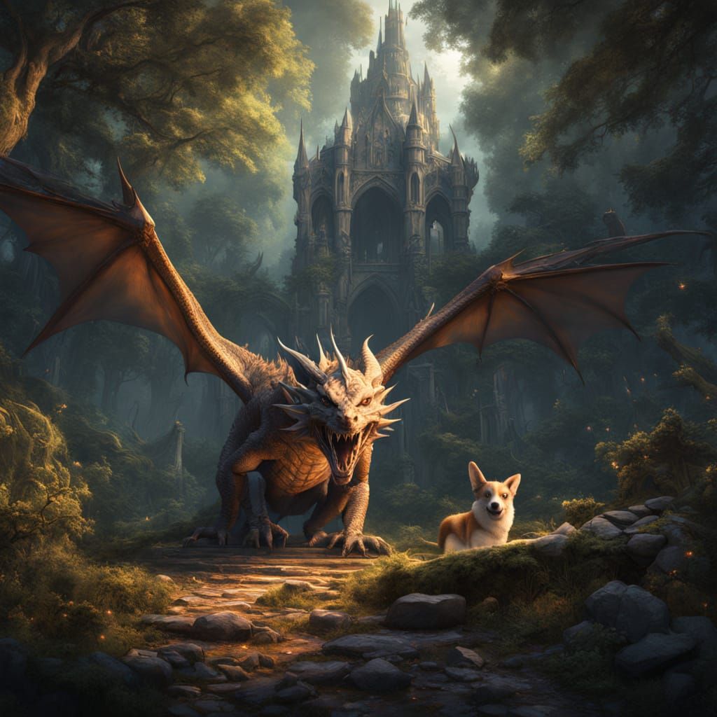 Ancient Dragon Guides Corgi to Magical Portal
