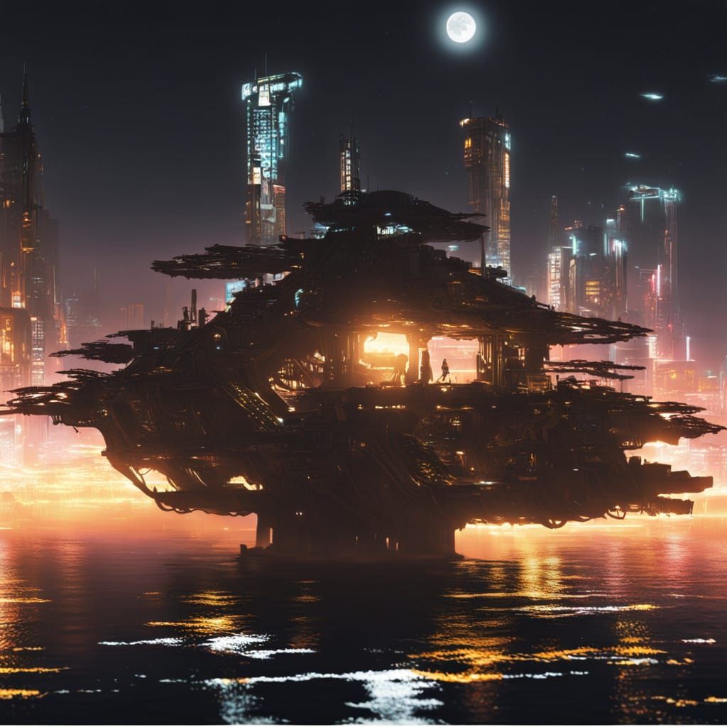 Cyberpunk Cityscape Bathed in Moonlight