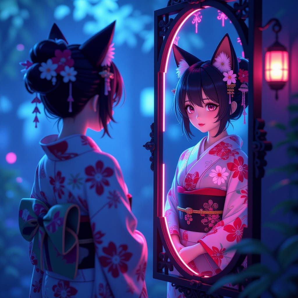 Fox Girl and Dark Reflection in Anime Style