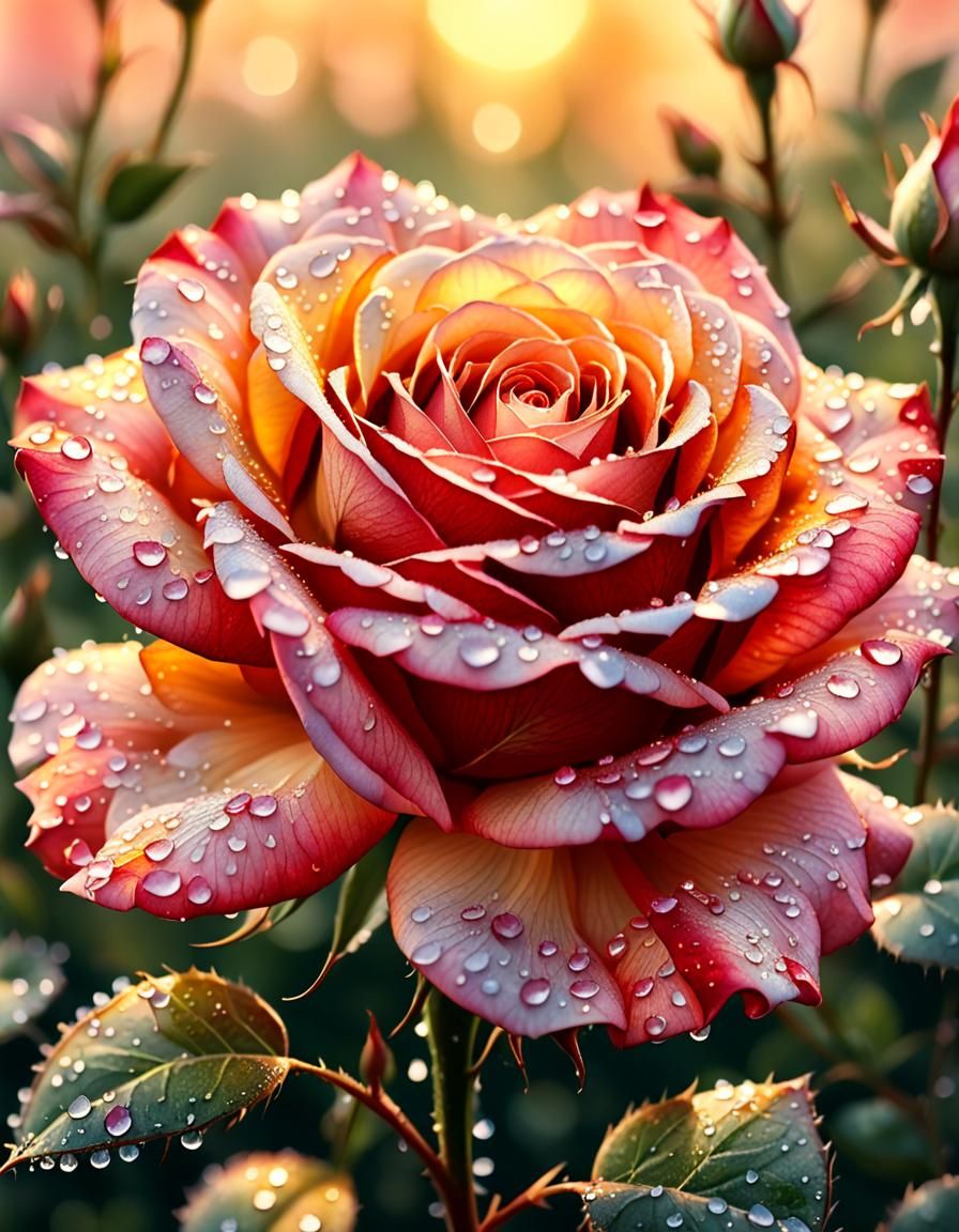 Rose with Dew Drops in Watercolor Pastel Style