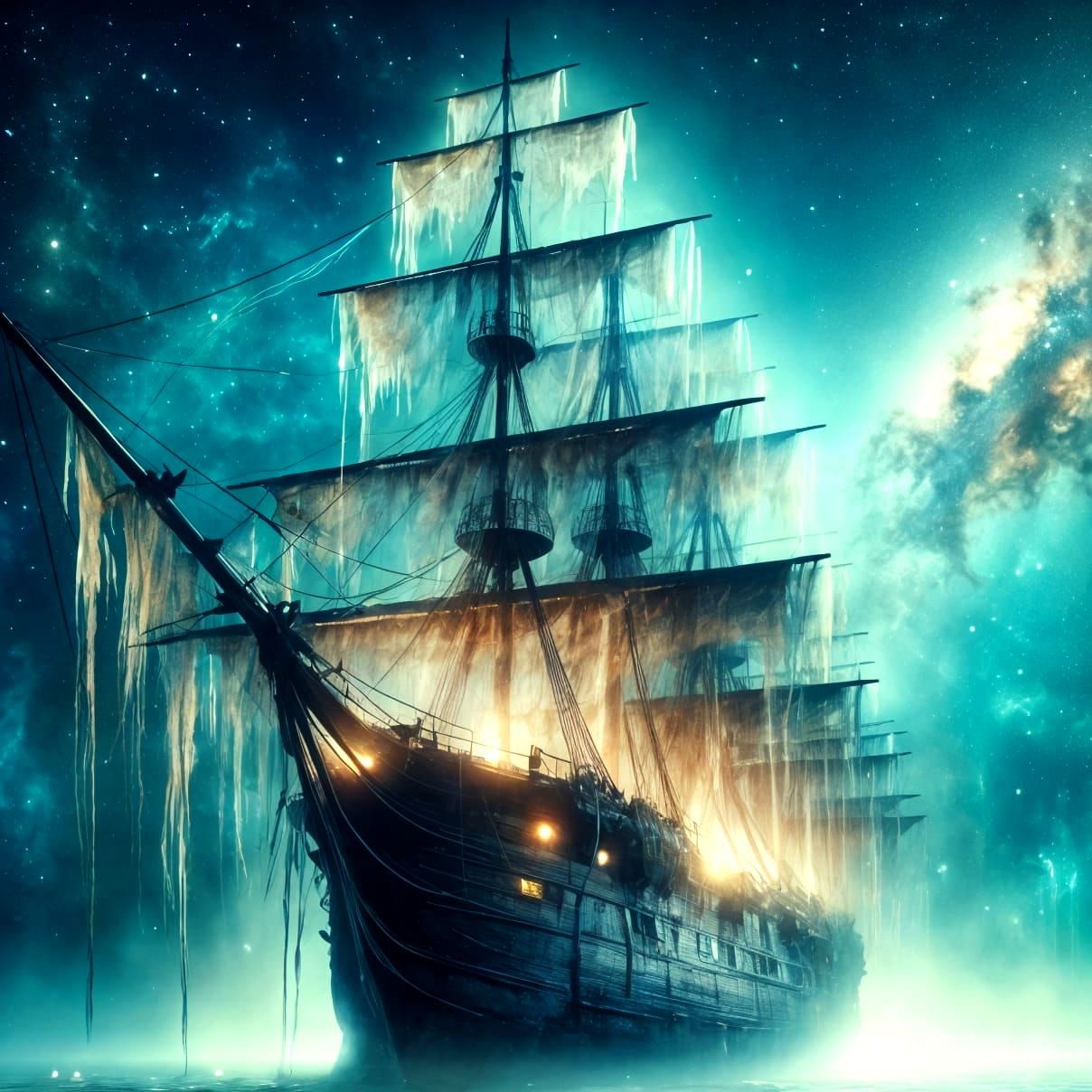 Ethereal Ghost Ship Sails a Mystical Ocean