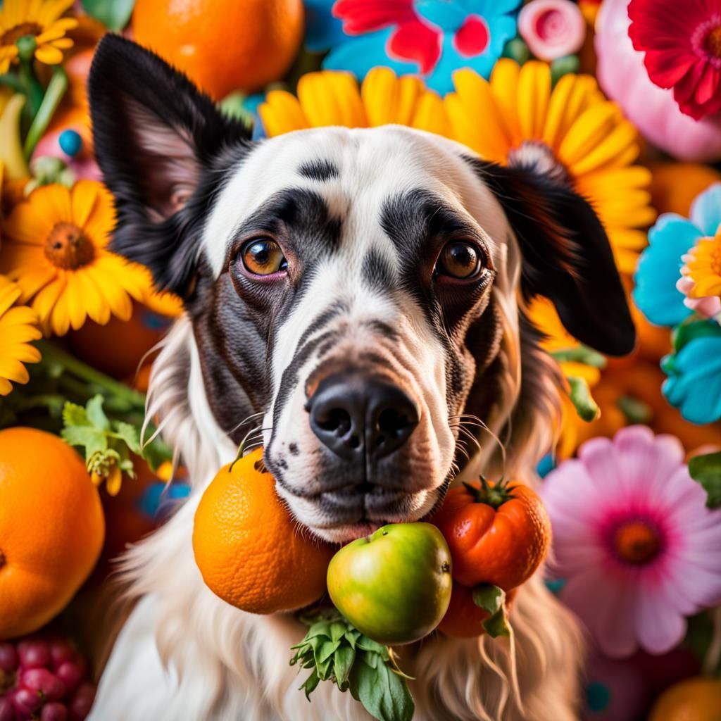 Hyperrealistic Dog Portrait with Flowers and Fruits