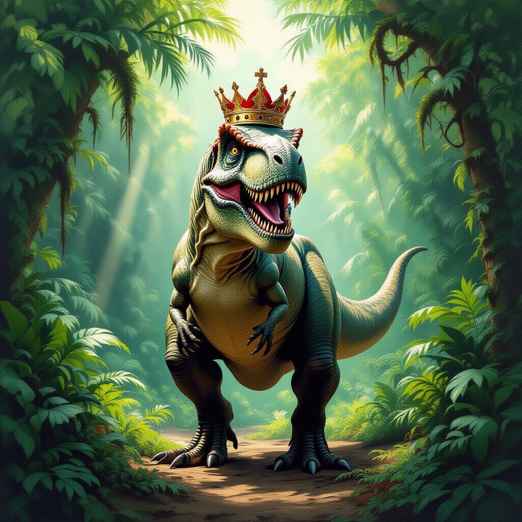 Comical T-Rex in Crown and Monocle, Lush Jungle
