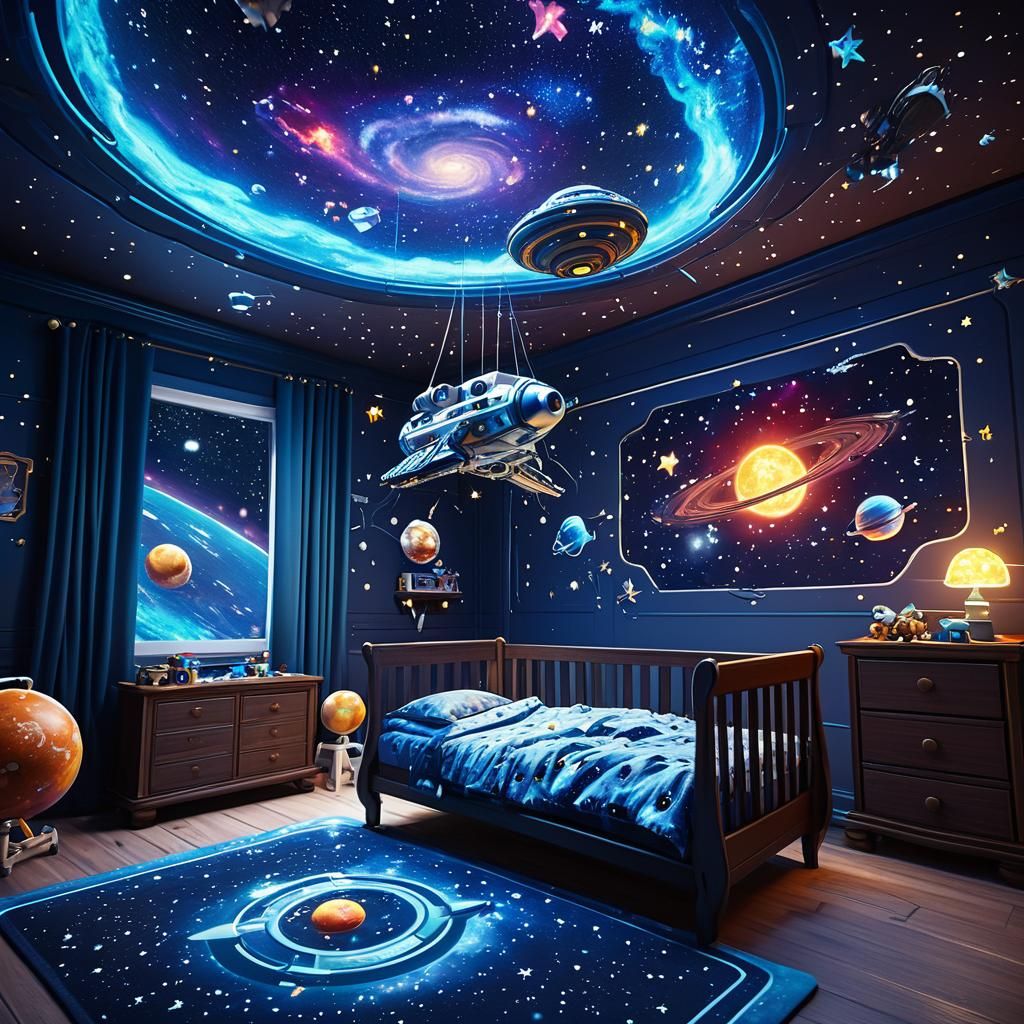 Intricate Space-Themed Nursery with Galactic Mobile