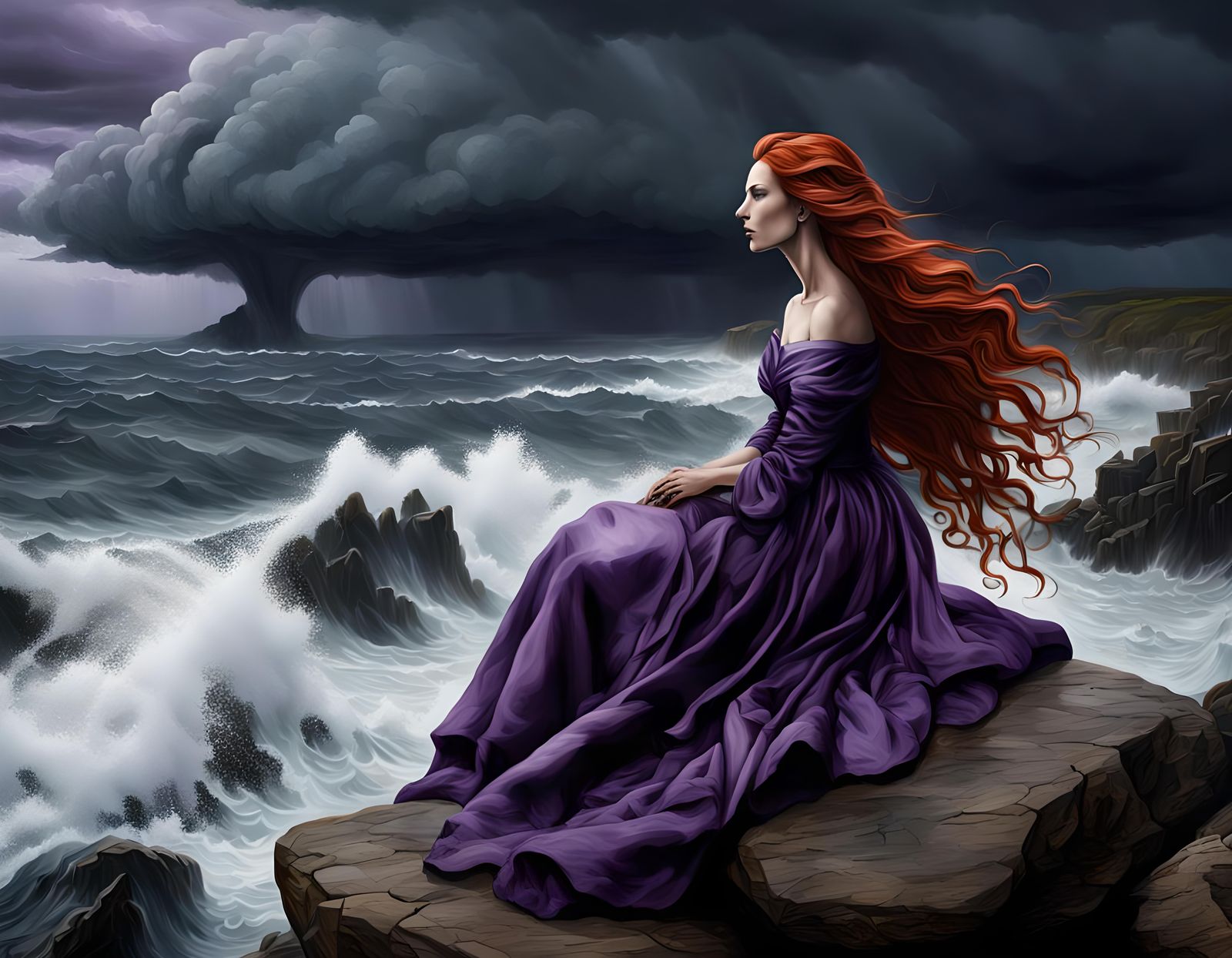 Woman in Purple Gown by Stormy Sea