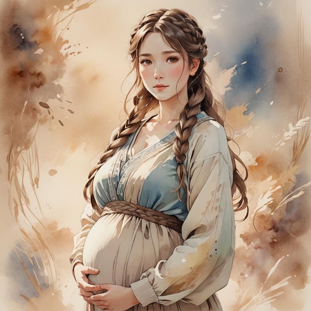 Anime Portrait of Pregnant Woman with Braids