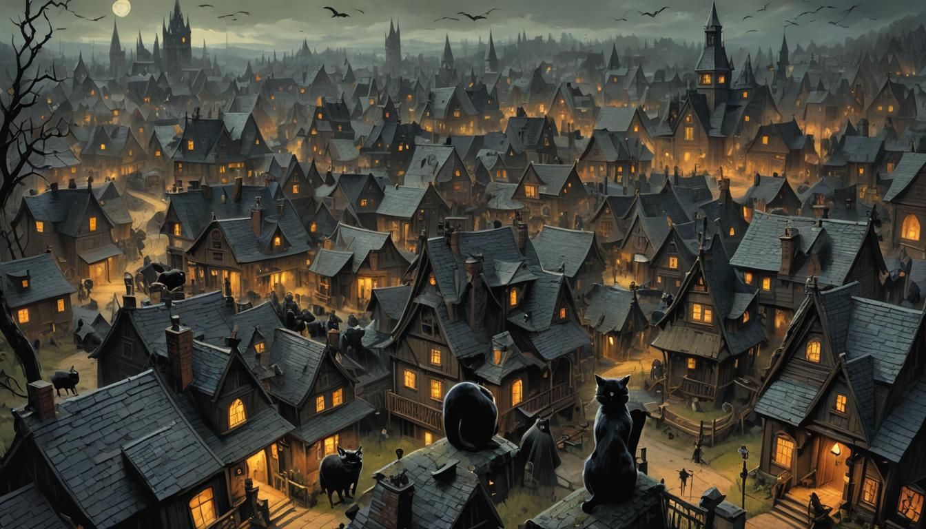 Sinister Black Cat in Gothic Halloween Village