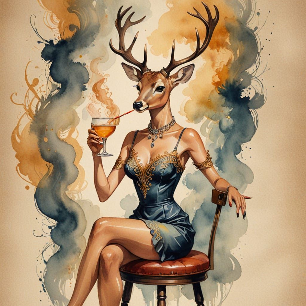 Anthropomorphic Deer in Jazz Club, Watercolor Style
