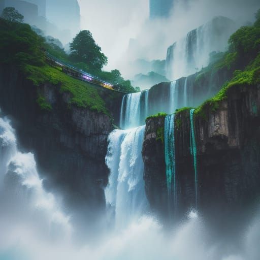 Waterfall Cascading Down Skyscraper in Splash Art