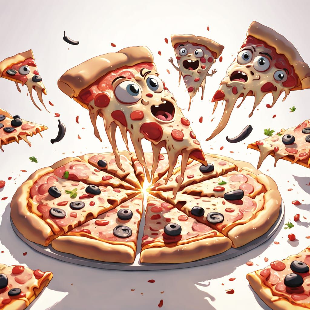 Cartoon Pizza Slice Dancing in Anime Style