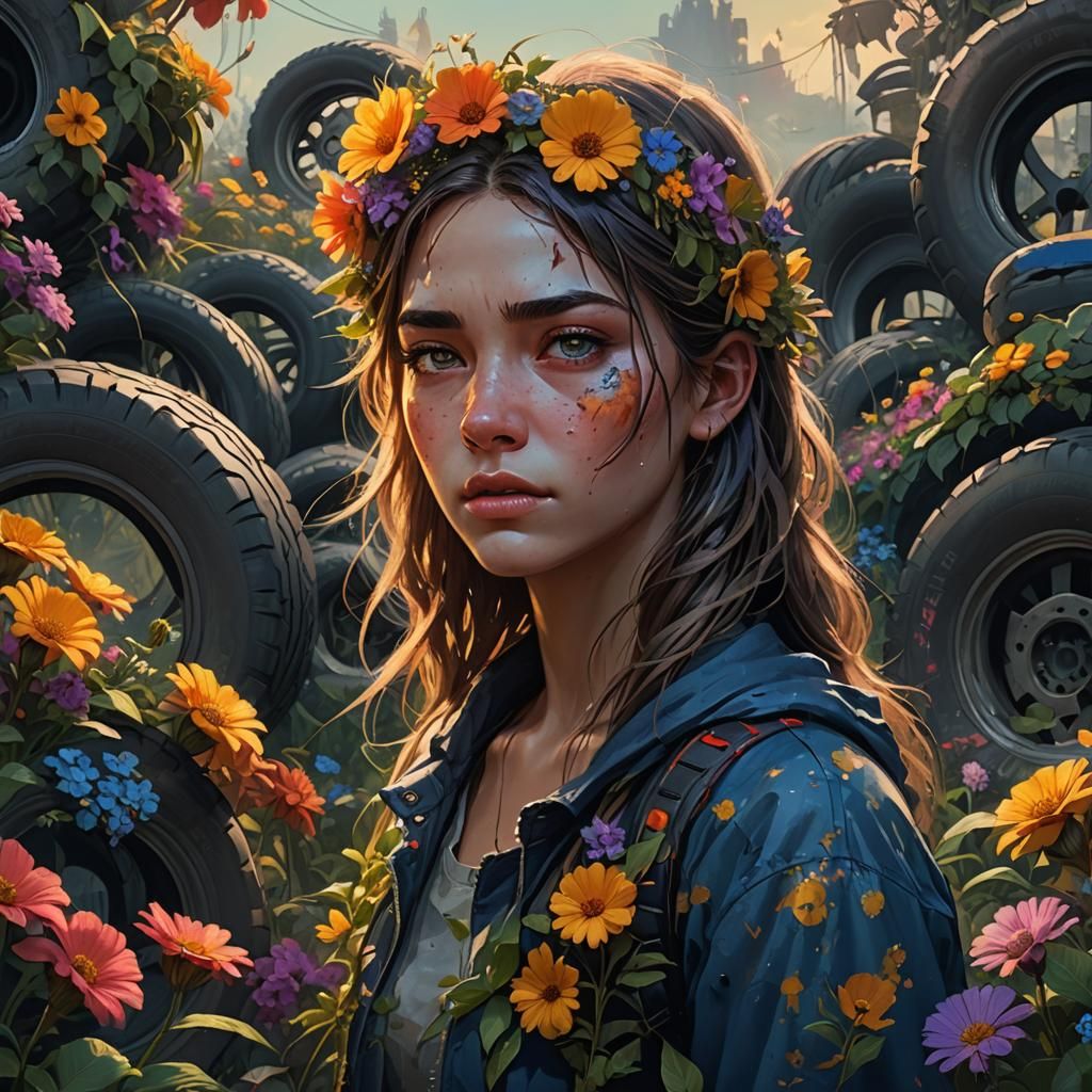 Girl in Flowers with Tires: Fantasy Concept Art