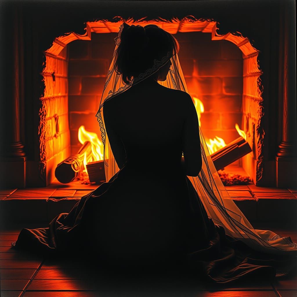Victorian Woman Silhouetted by Fireplace in Charcoal Style