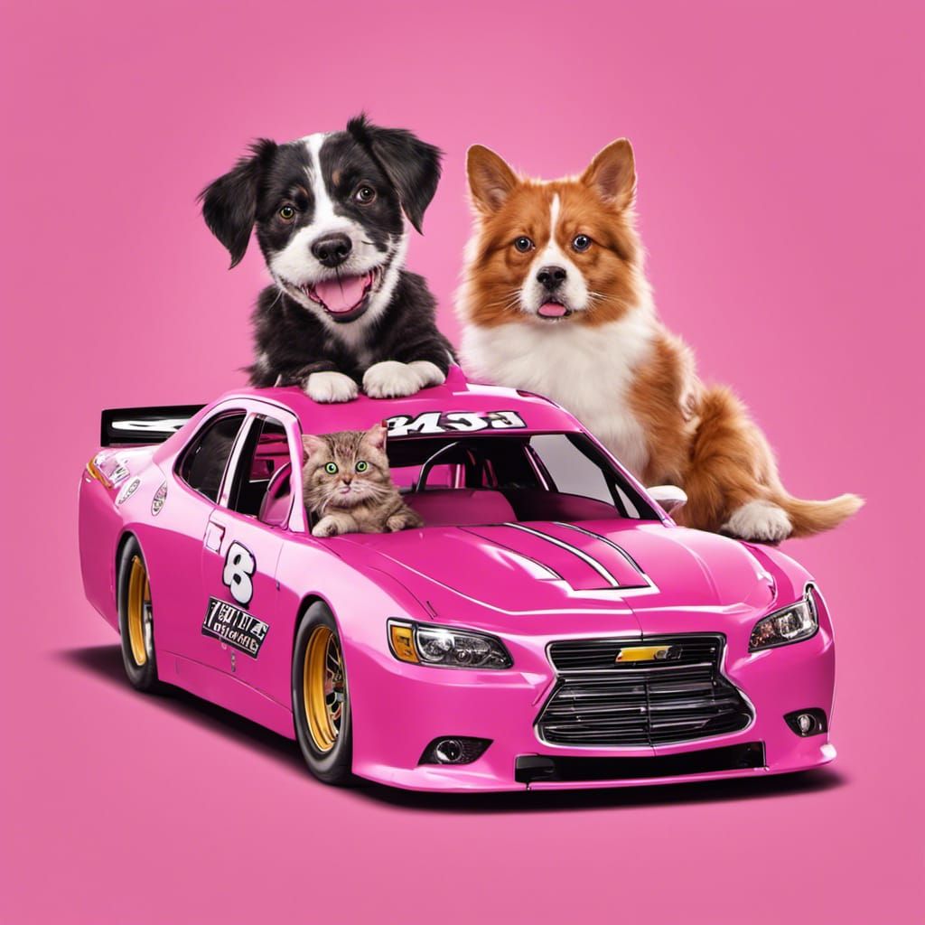 Pink NASCAR Race Car Driven by Dog and Cat