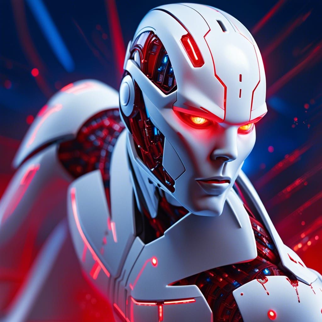 Hyperrealistic Android Portrait with Red and Blue Lights