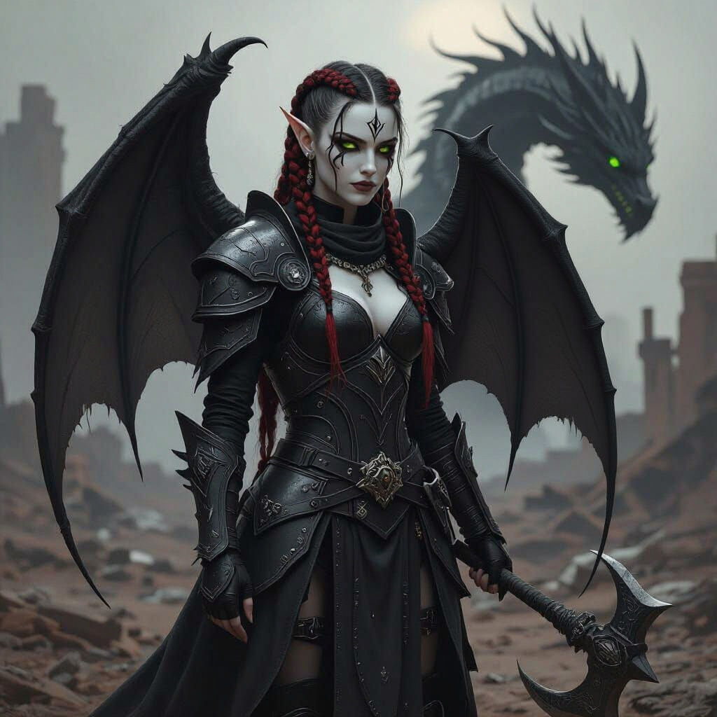 Tiefling Paladin in Wasteland with Dragon, Rutkowski Style