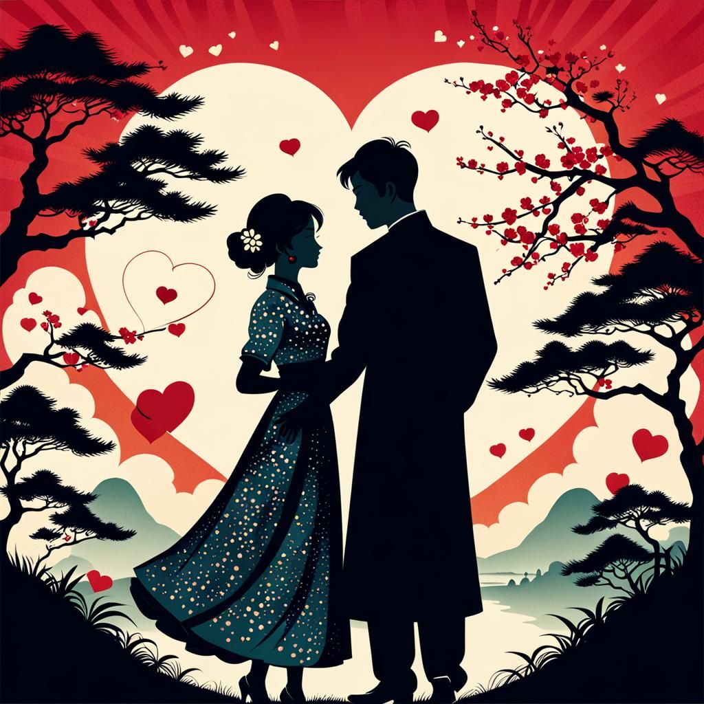 Retro Valentine's Day Card with Asian Couple