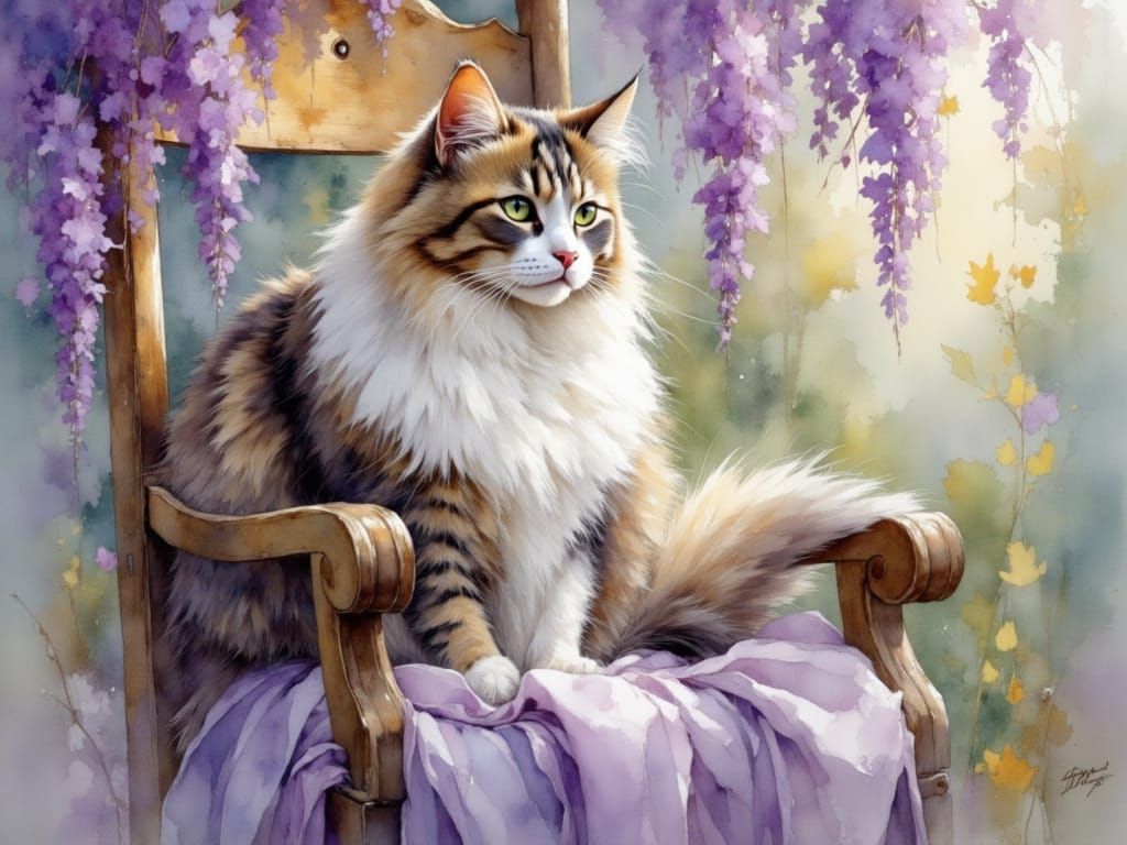 Regal Tabby Cat in Wisteria Garden
