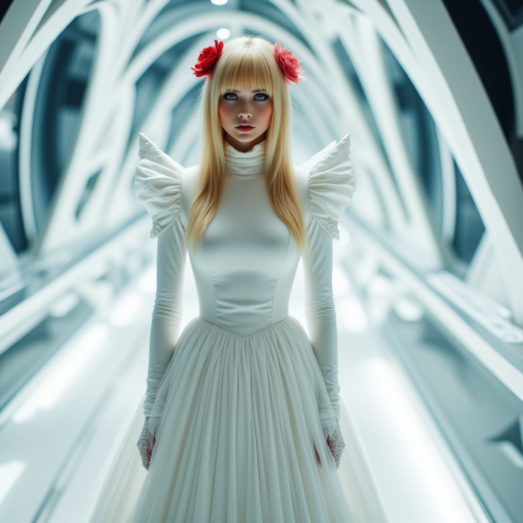 Futuristic Bride in Spacecraft with Red Flower