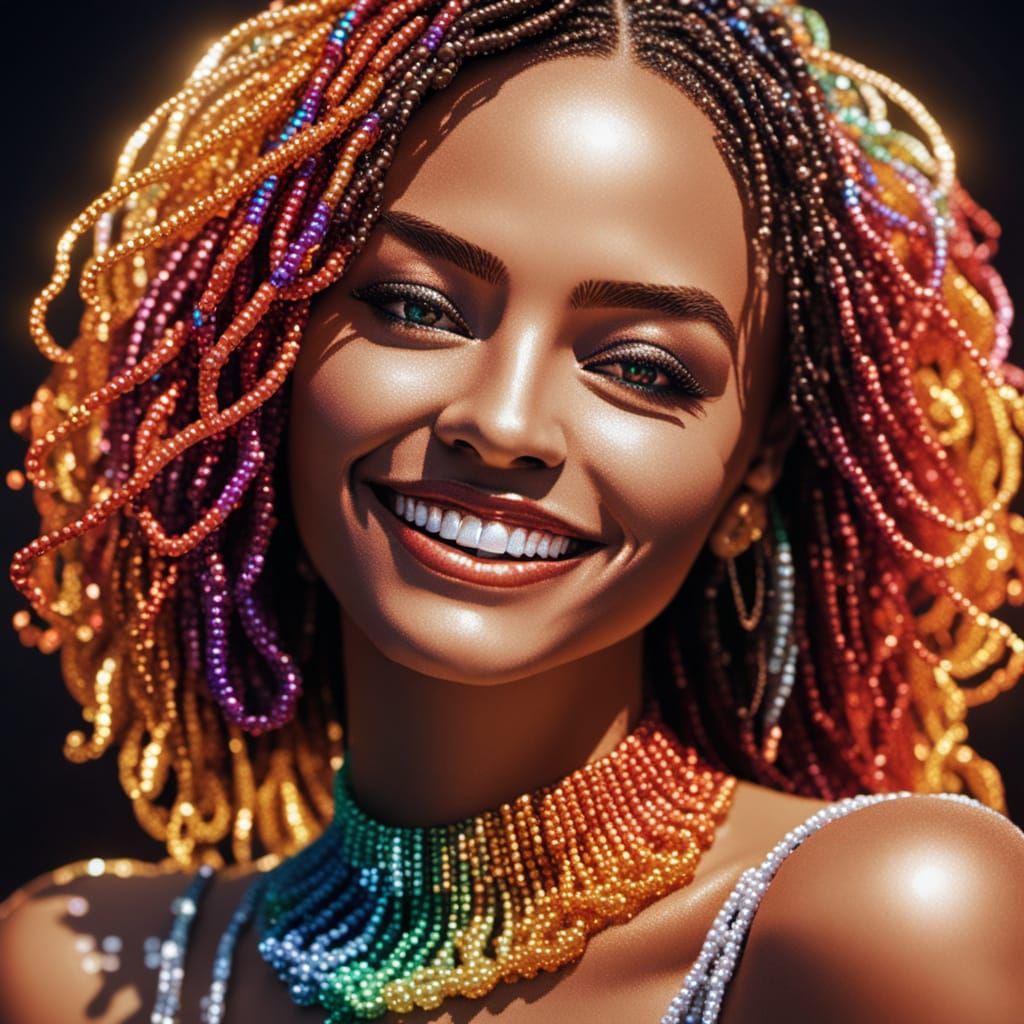 Bead Art Portrait of a Smiling Young Woman