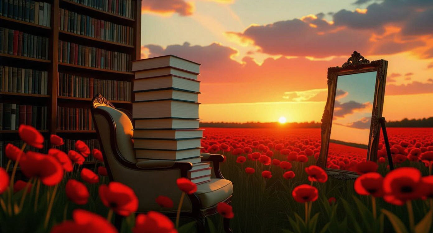 Open-Air Library Amidst Fiery Sunset and Red Flowers