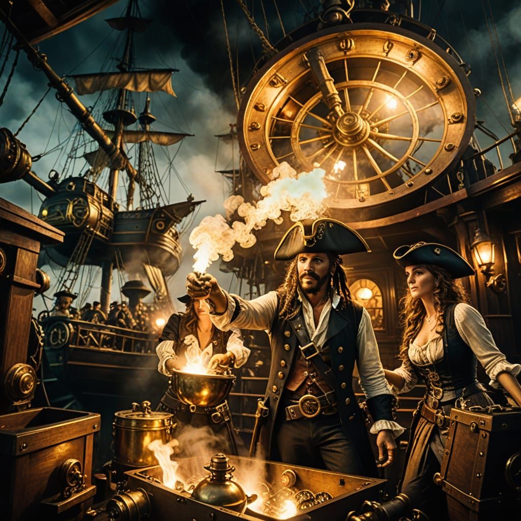 Steampunk Pirate Crew Sharing Treasure on Ship