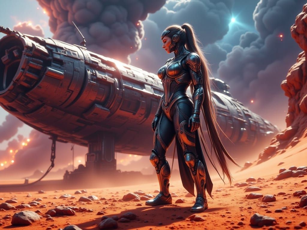 A lone female warrior in ornate, futuristic armor stands on ...