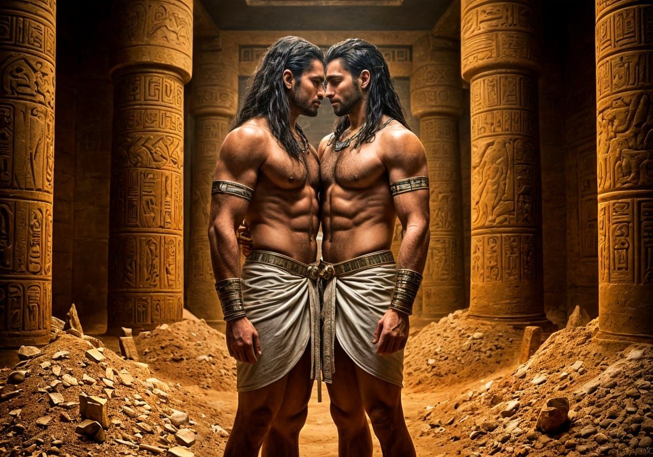 Egyptian Chamber: Muscular Men in Tender Embrace