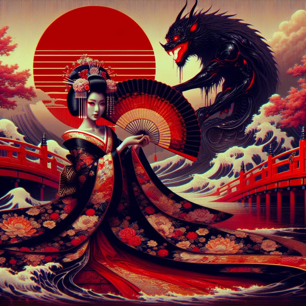 Geisha with Mythical Creature in Vaporwave Style