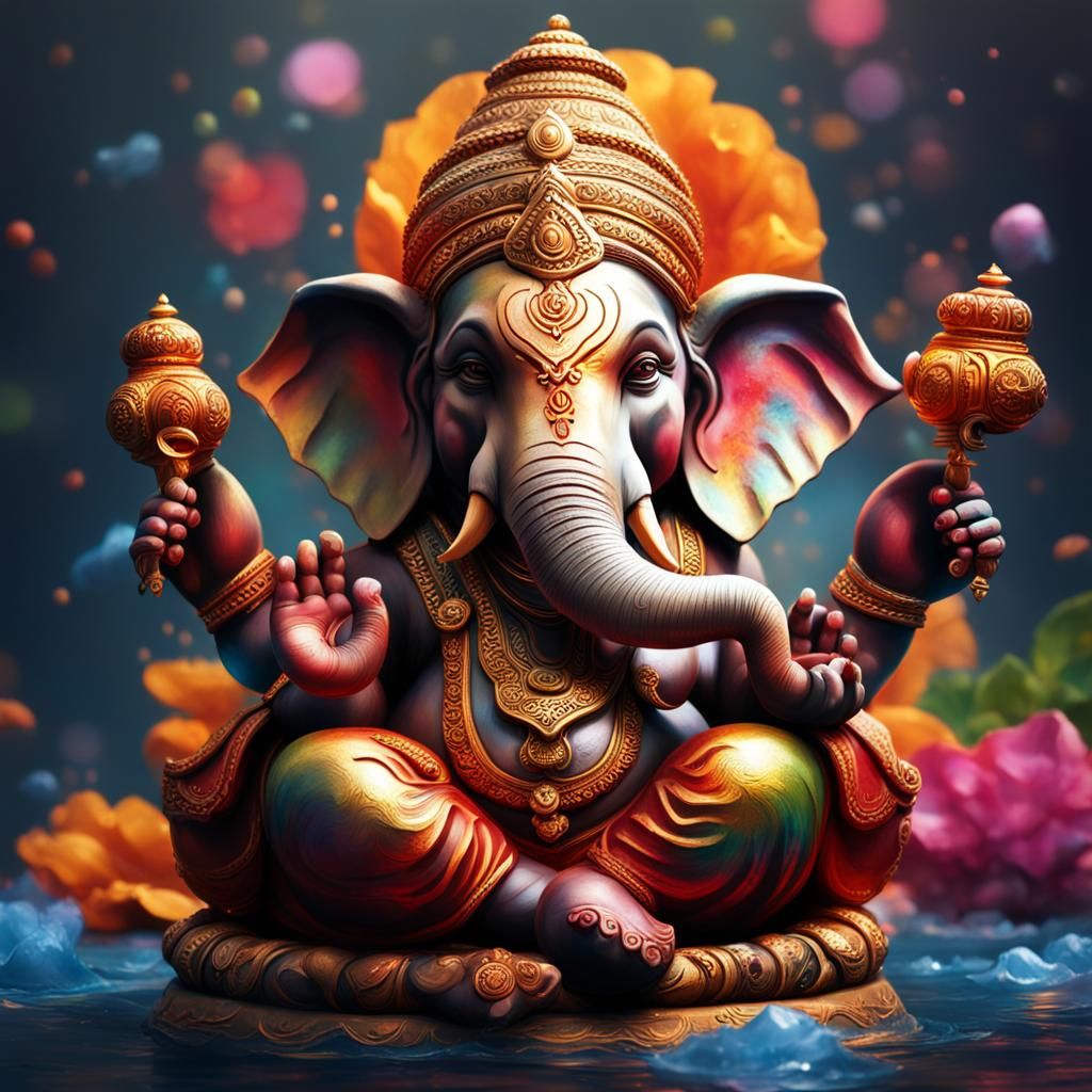 Hyperrealistic Ganesha with Splash Art Effect