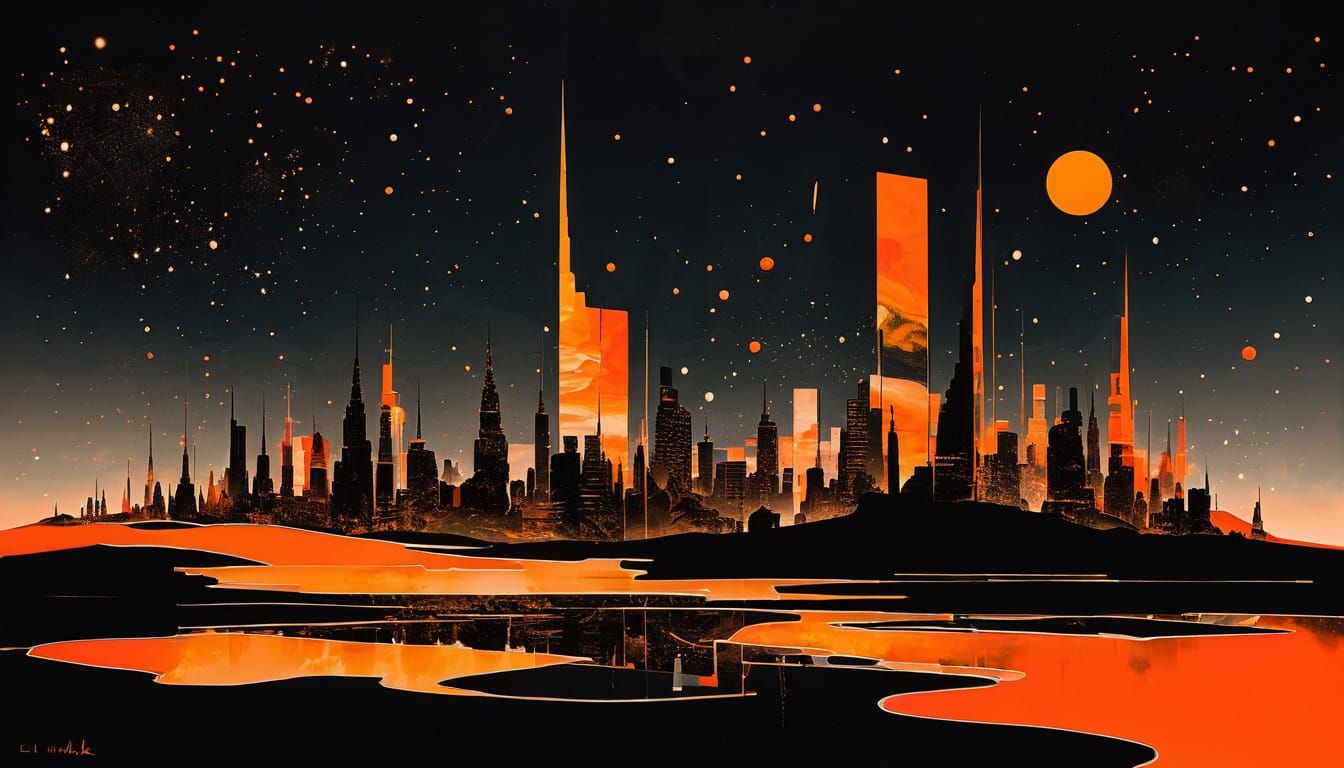 Abstract Alien Skyline in Orange and Black
