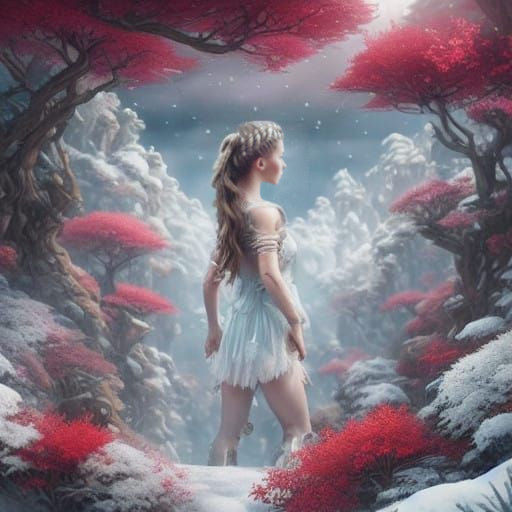 Epic Woman with Silver-Gray Hair and Red Flower in a Snowy F...