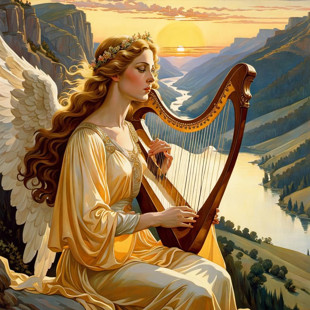 Ethereal Angel Harpist at Sunrise: Classic Painting