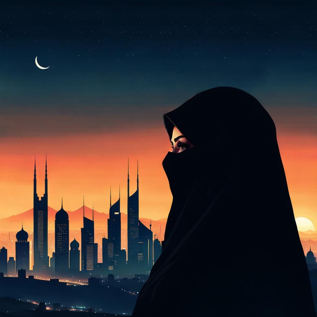 Niqab Silhouette Against Night Metropolis in Vector Style