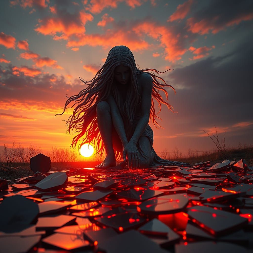 Resilient Figure at Sunset Sculpture in Bio Art Style