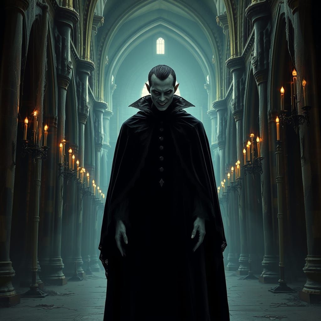 Dark Gothic Vampire in Abandoned Cathedral