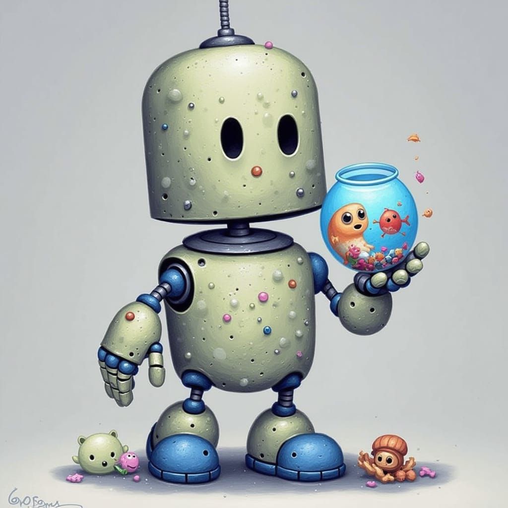 Cute Robot Holding a Fishbowl
