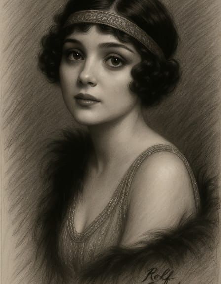 Brunette Flapper Portrait in Art Deco Charcoal Style