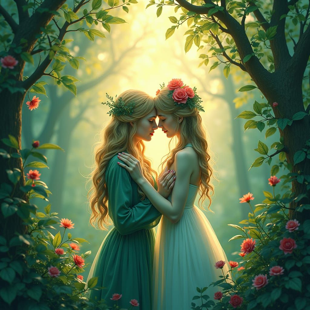 Ethereal Spirits Embrace in Verdant Foliage