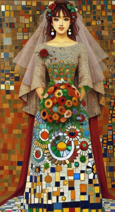 Zinnias, Robot, and Wedding Dress in Art Nouveau Style