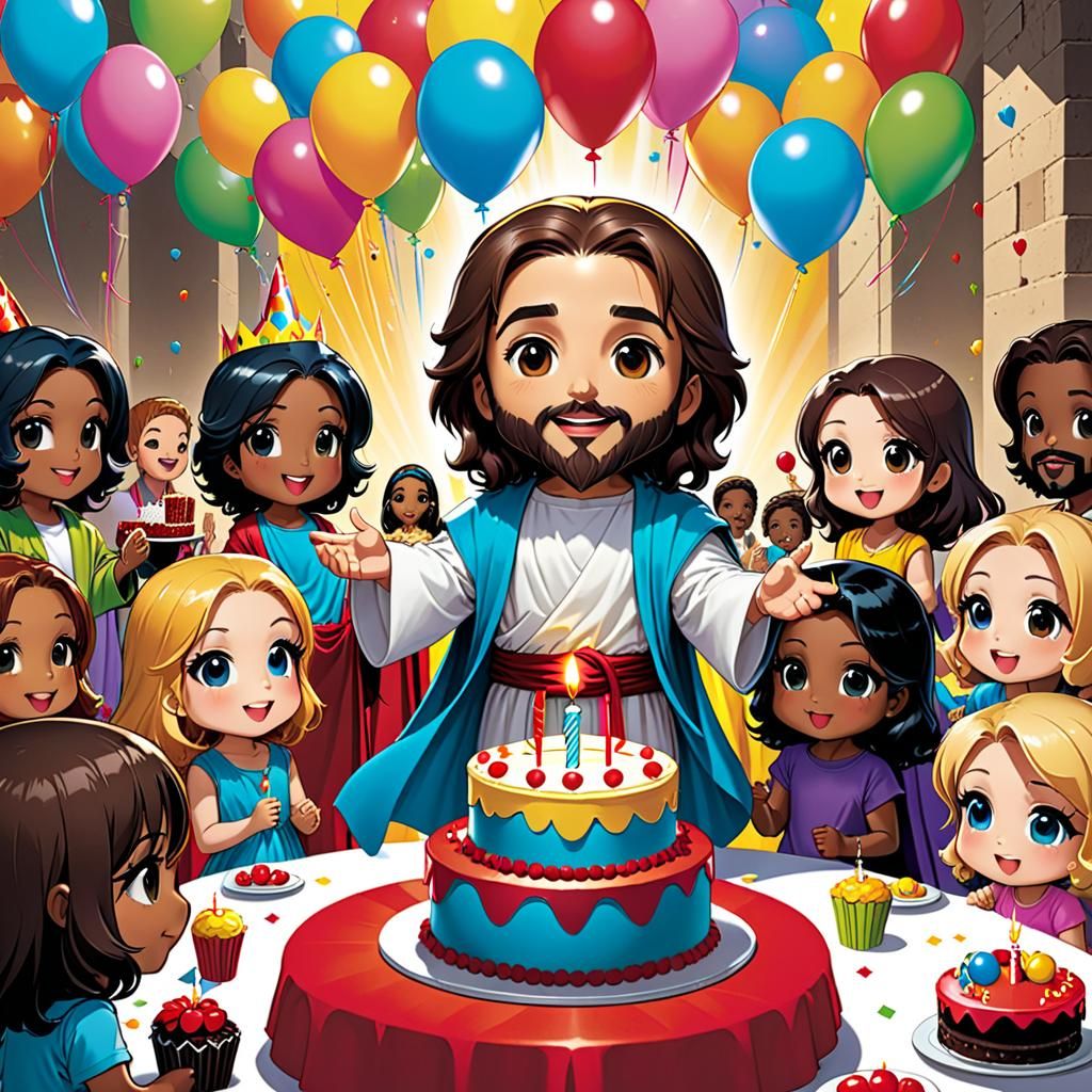 Chibi Jesus Birthday Party in Comic Style