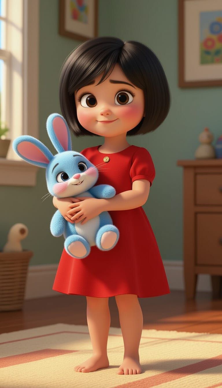 Cute 7-Year-Old Girl with Rabbit in Pixar 3D Style